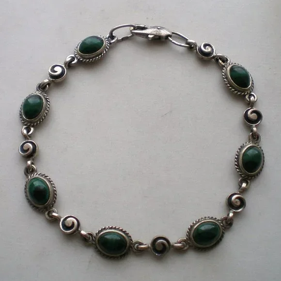 Russian Russia Sterling Silver 925 Bezel Set Malachite Tennis Bracelet
